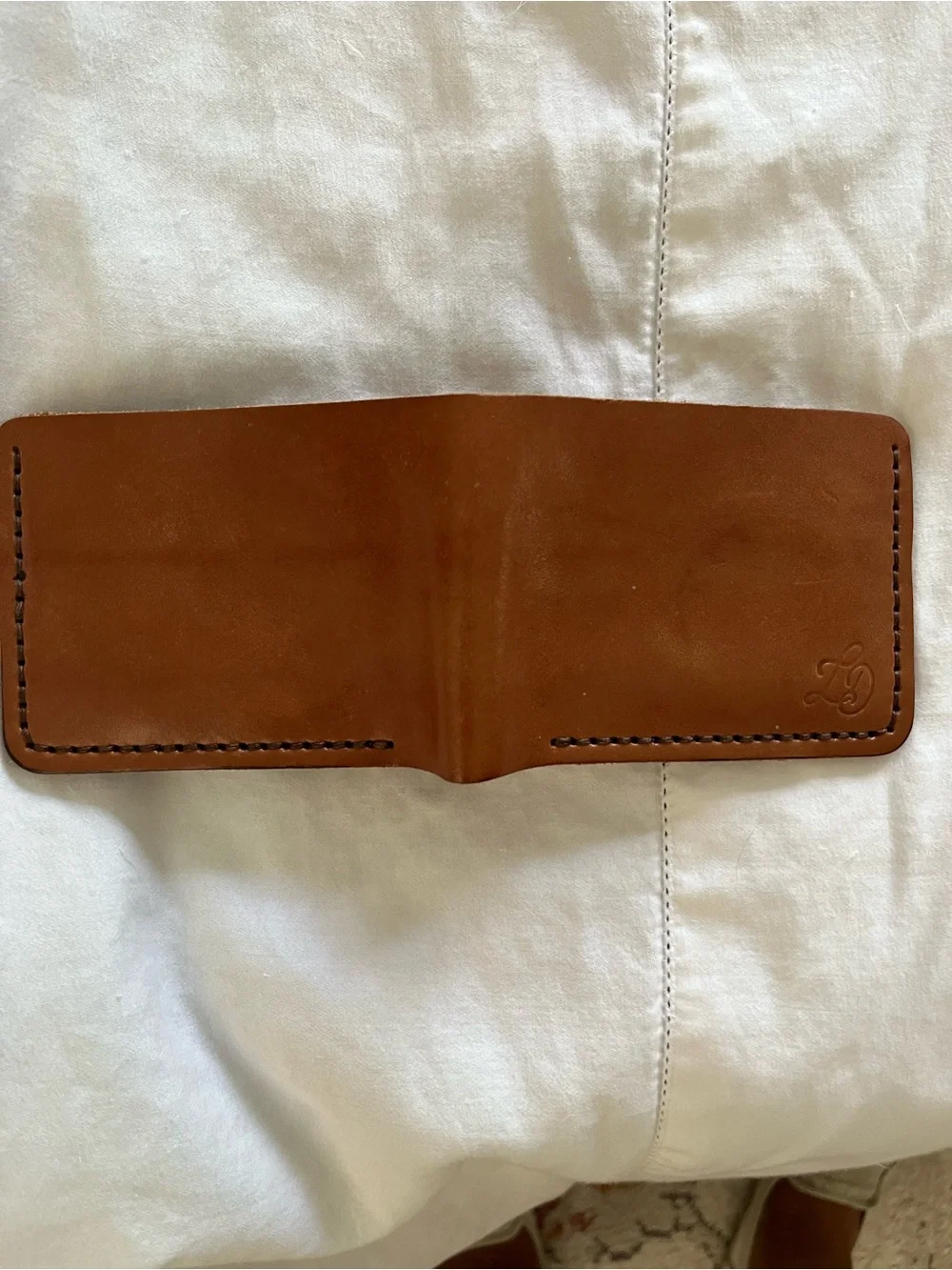 Hand-stitched Tan Leather Money Clip Wallet with Subtle Monogram